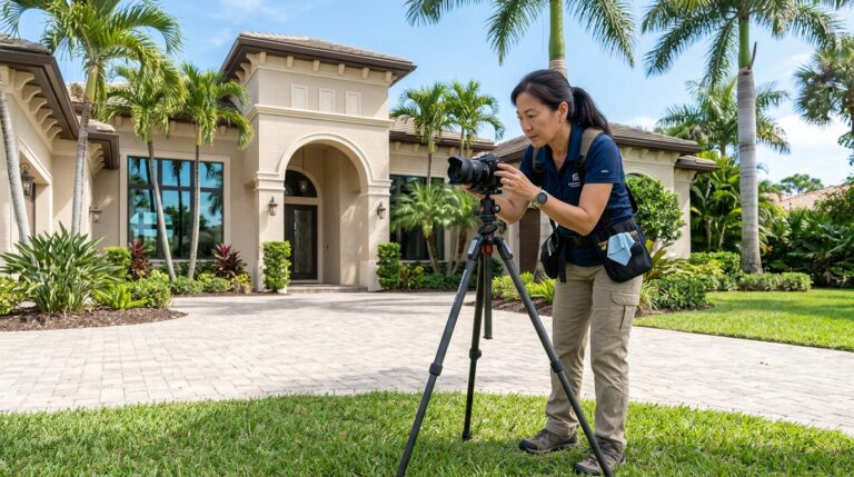 Photographer capturing a Naples FL home exterior, representing real estate photographers naples fl directory