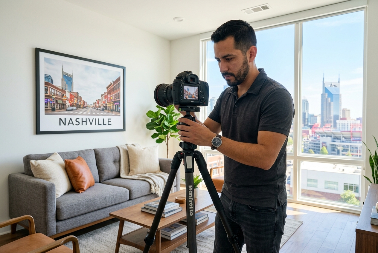 Photographer setting up a shot for real estate photography nashville listing in a bright living room