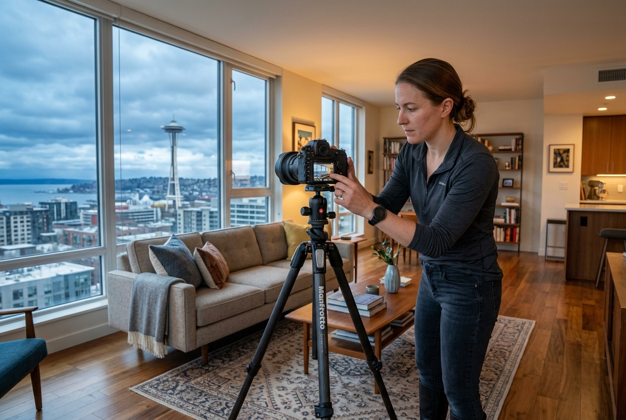 Photographer balancing window and room light, illustrating real estate photography Seattle challenges