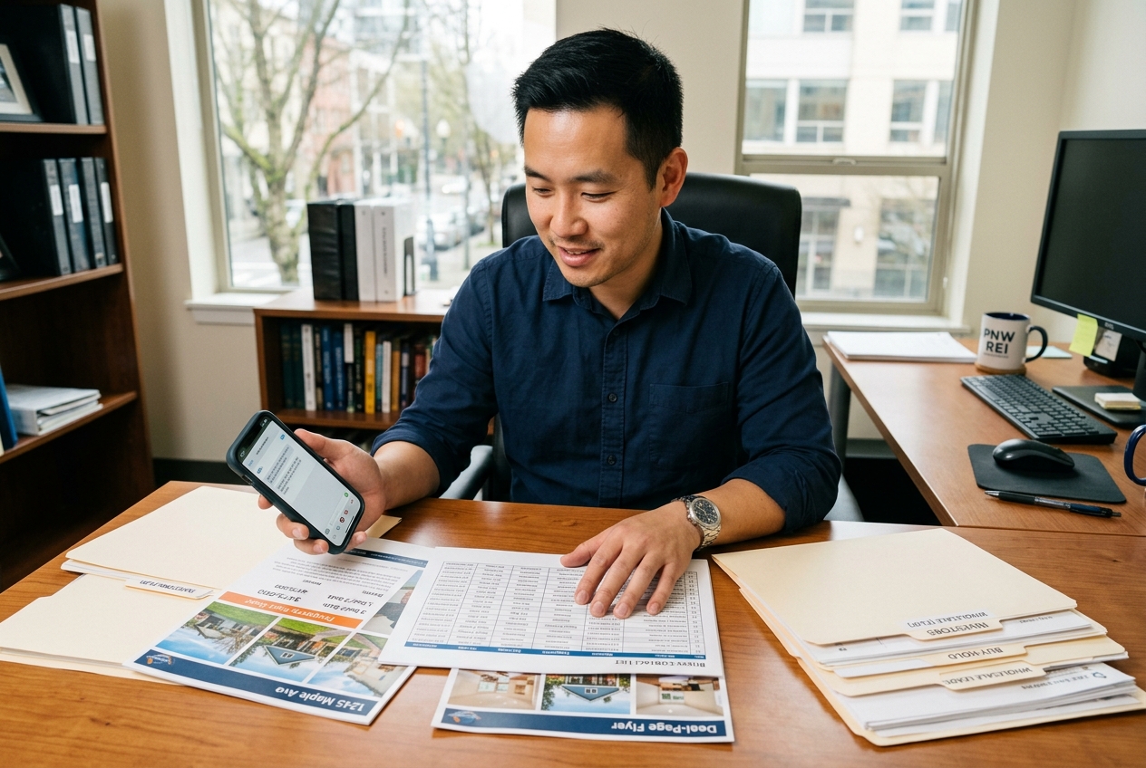 Investor using real estate wholesaling software to organize buyer lists and deal page flyers