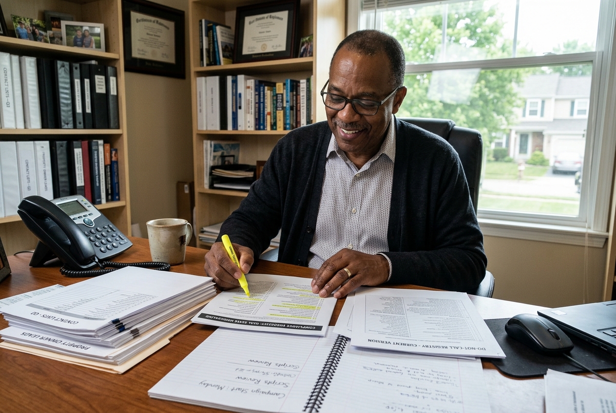 Investor reviewing compliance rules before using real estate wholesaling software for outbound marketing
