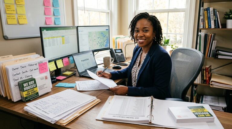 Investor organizing leads and follow-ups using real estate wholesaling software at a home office desk