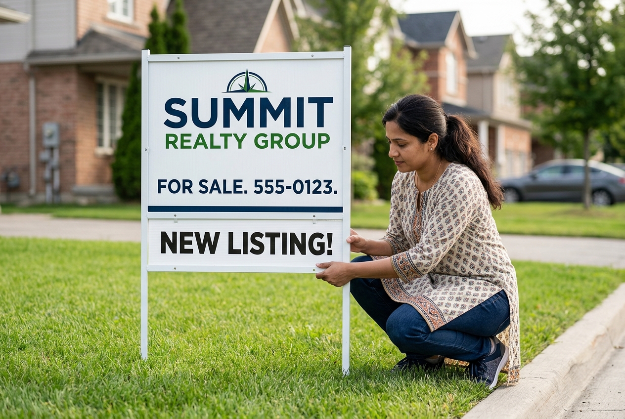 Woman placing a rider on real estate yard signs designed for a quick 3-second read
