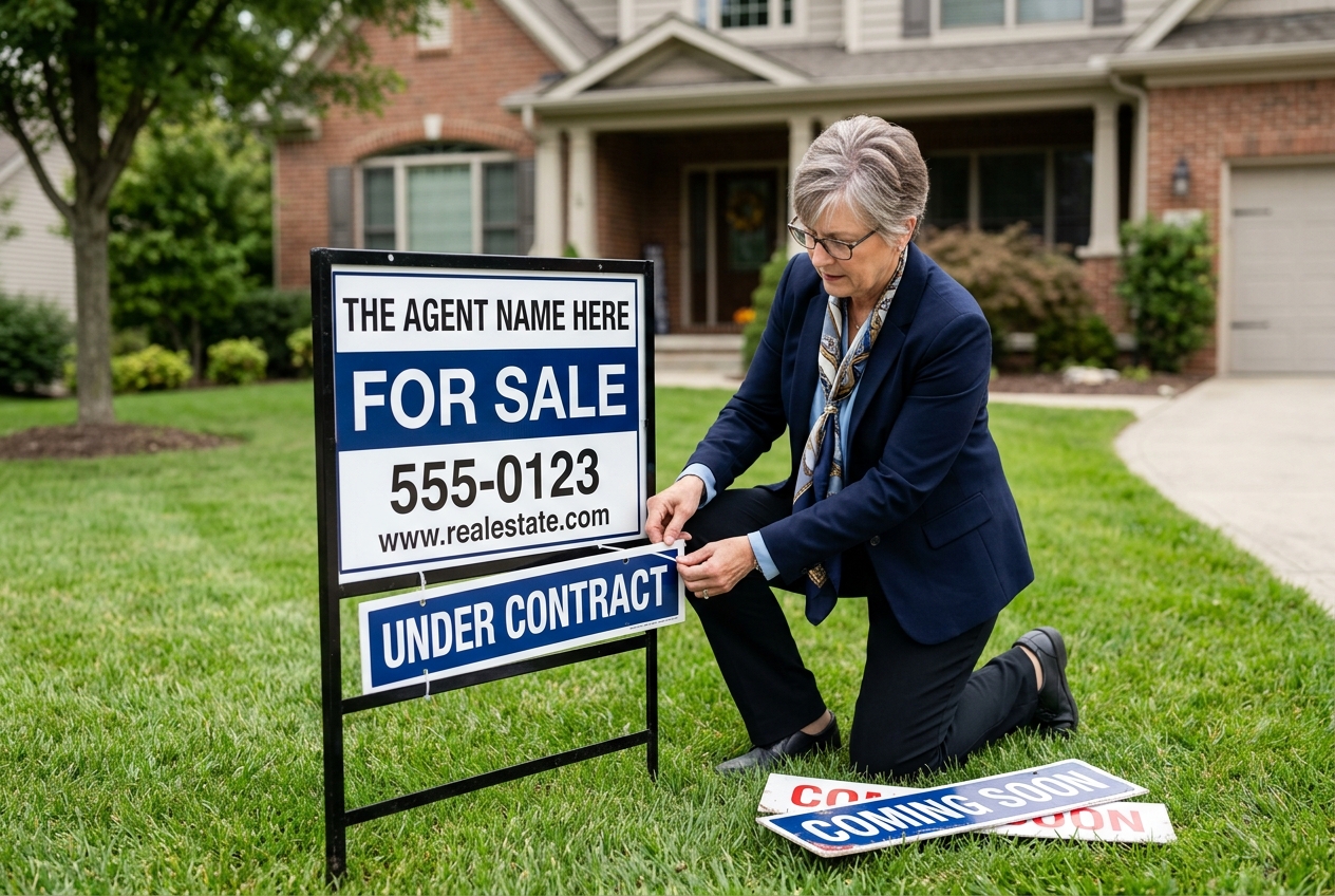 Agent updates rider on real estate yard signs to reflect a new listing stage