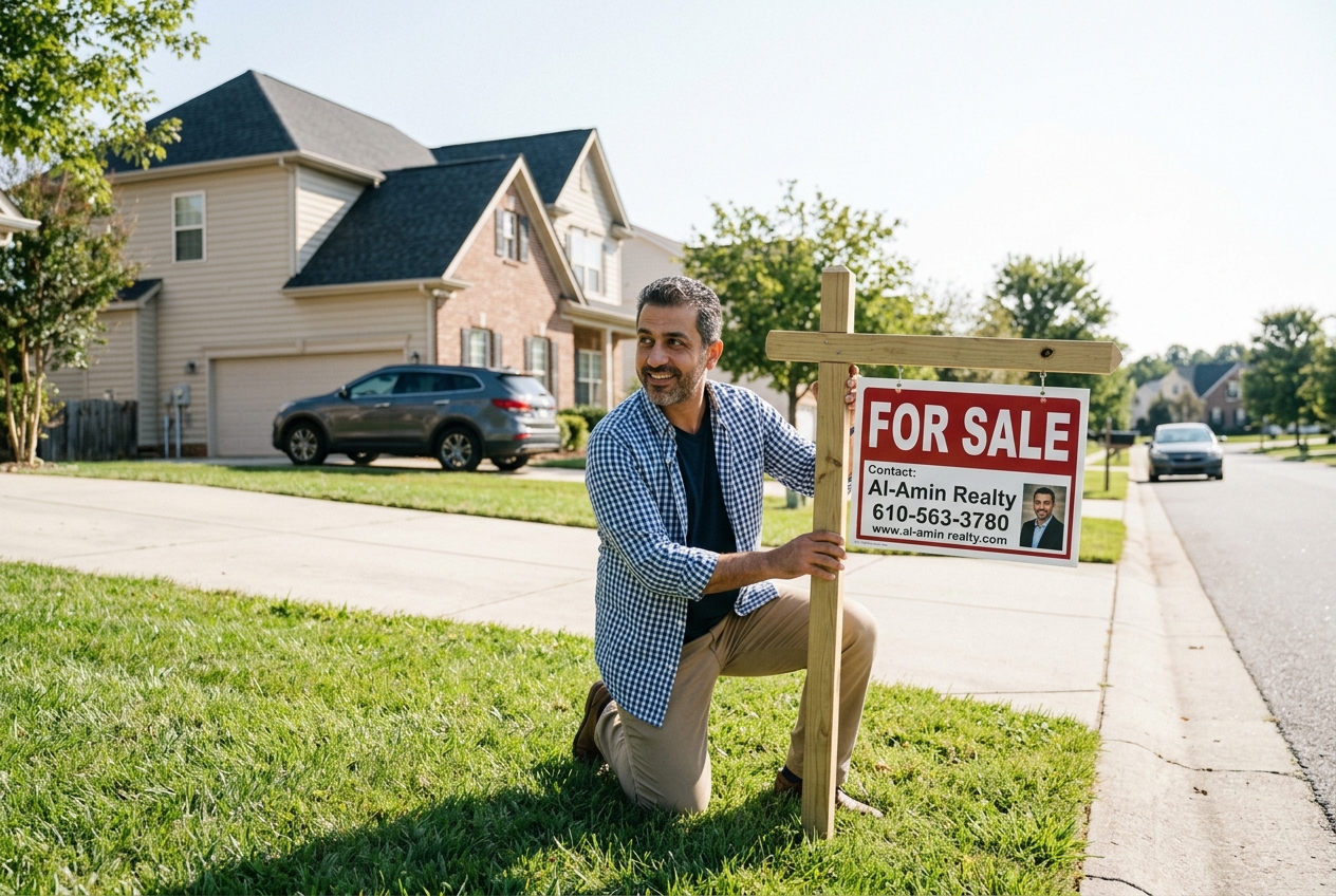 Man angling real estate yard signs toward the street for maximum drive-by visibility