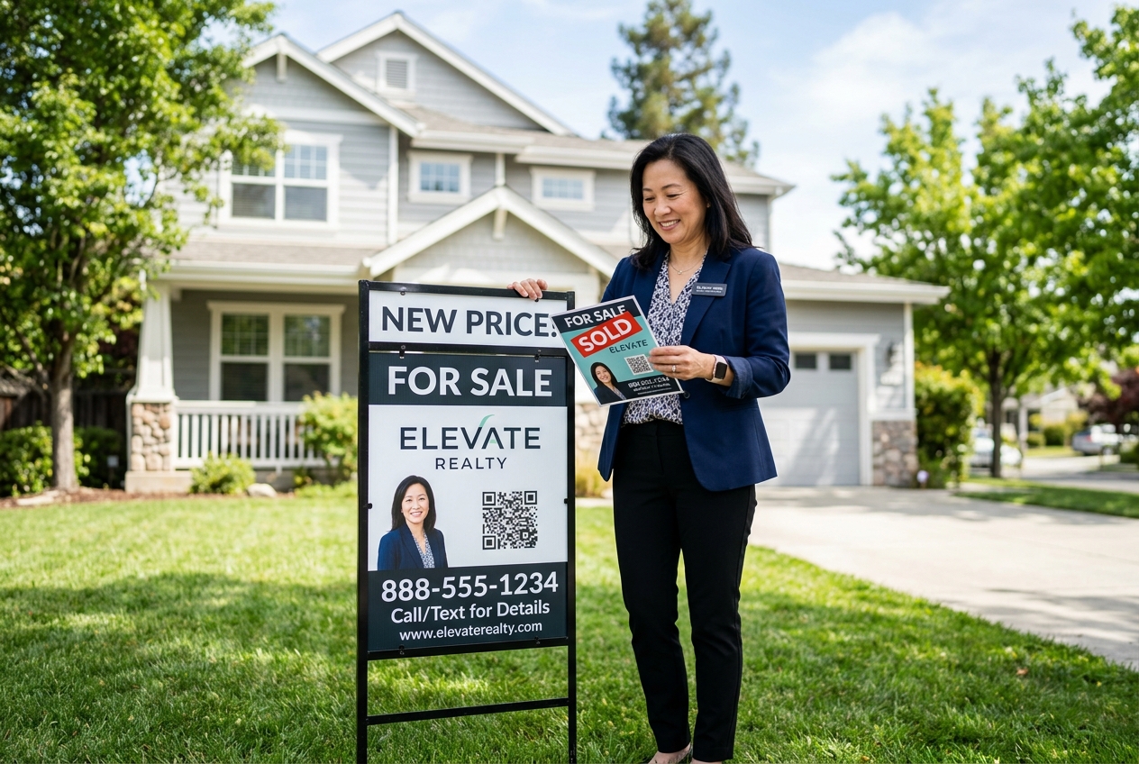 Agent checks order proof against installed real estate yard signs with tracking QR code