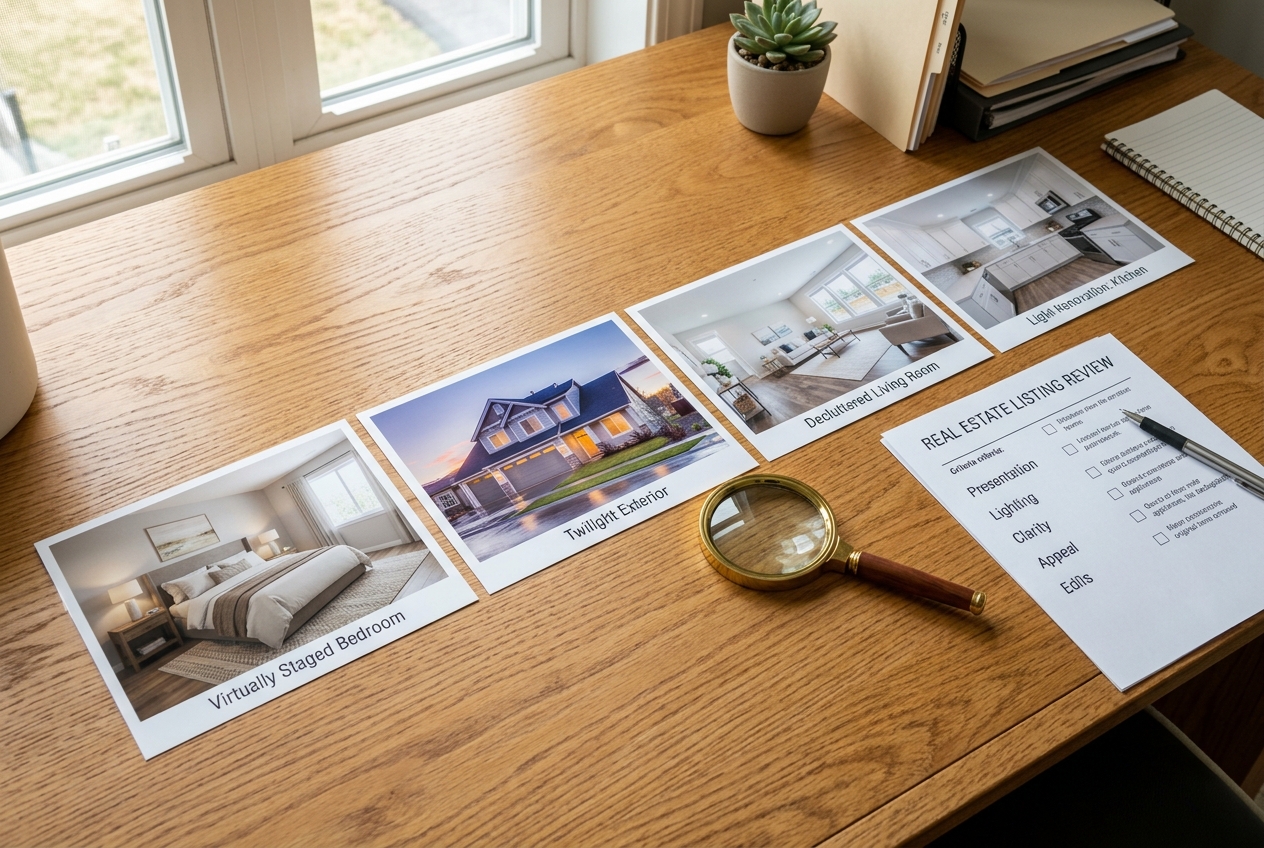 Printed listing photos compared to judge reimaginehome alternatives across staging, exterior, and renovation edits