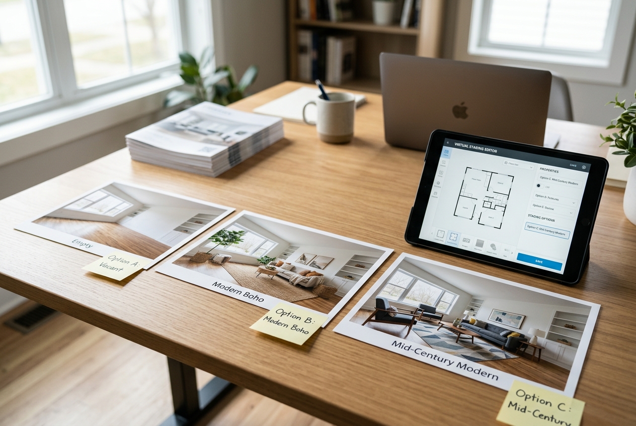 Printed listing photo comparisons on a desk illustrating reimaginehome alternatives for staged rooms