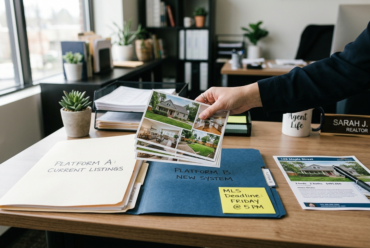 Printed listing photos moved between folders illustrating reimaginehome alternatives for real estate