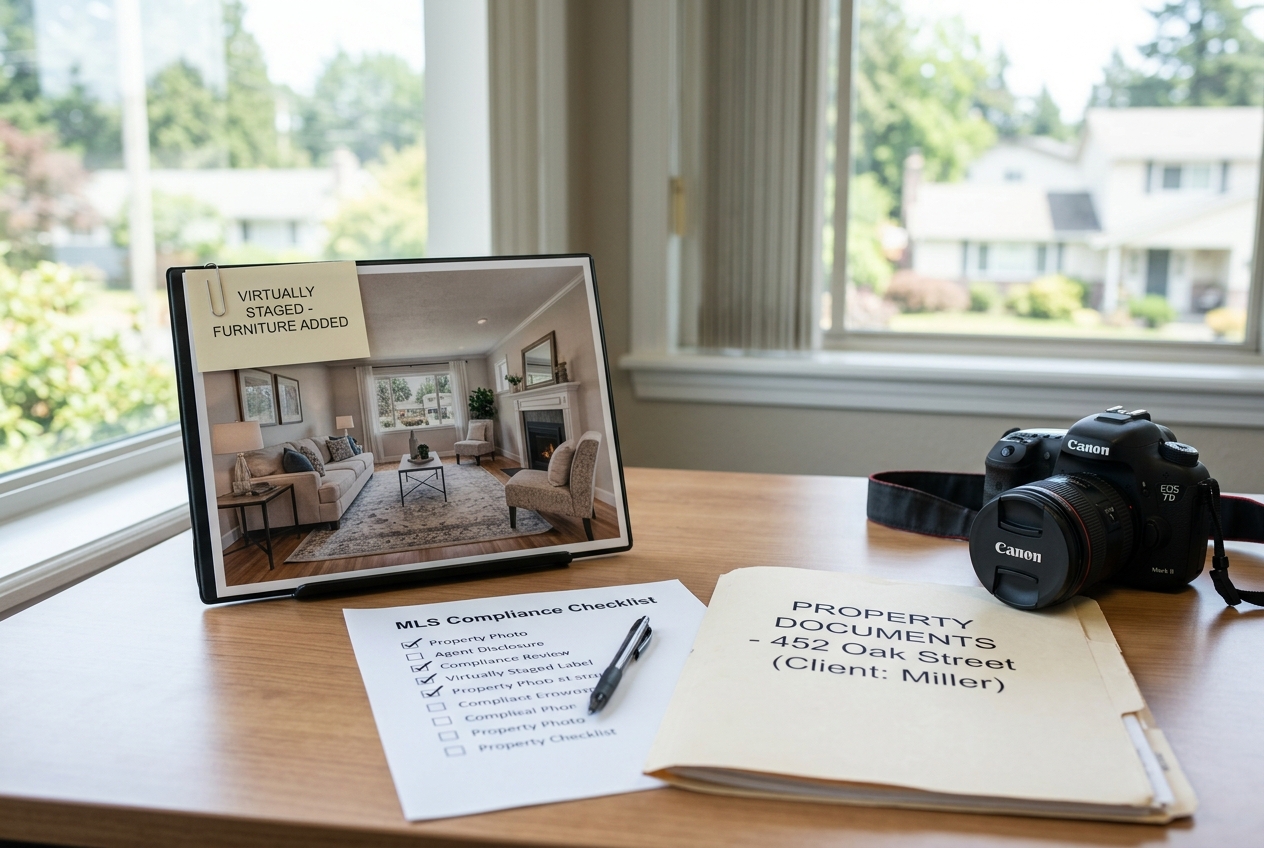 Printed listing photo with disclosure label illustrating reimaginehome alternatives for MLS-compliant edits