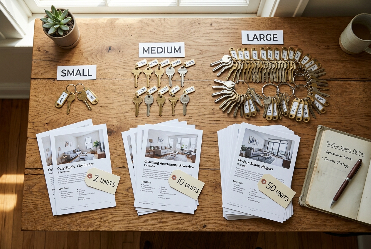 Grouped property keys and listings illustrate choosing short term rental management software by portfolio size