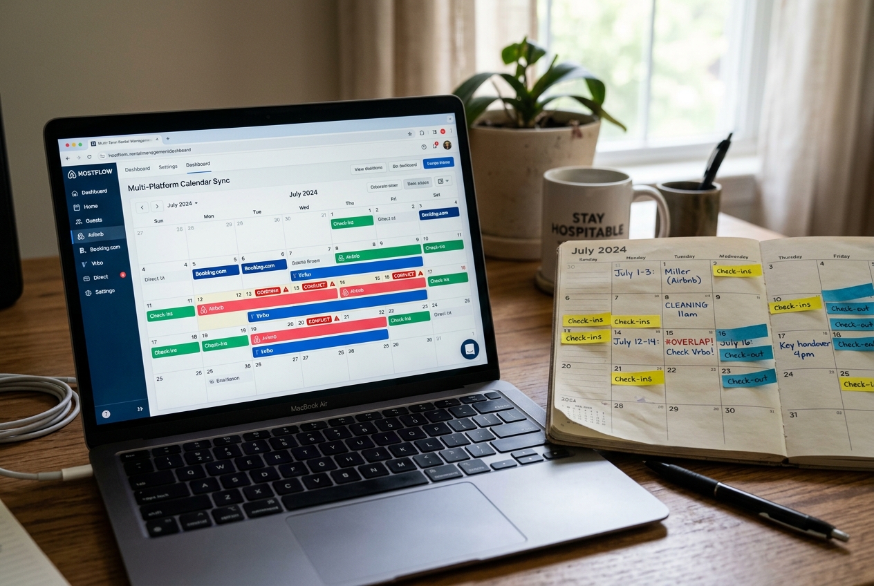 Short term rental management software calendar sync dashboard showing overlapping booking dates during platform switch