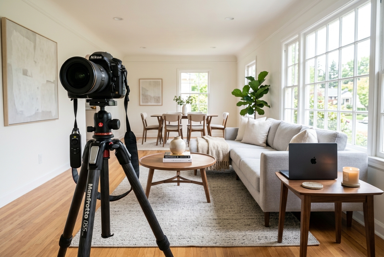 Camera on tripod capturing rental photos, illustrating a gap short term rental management software leaves unfilled