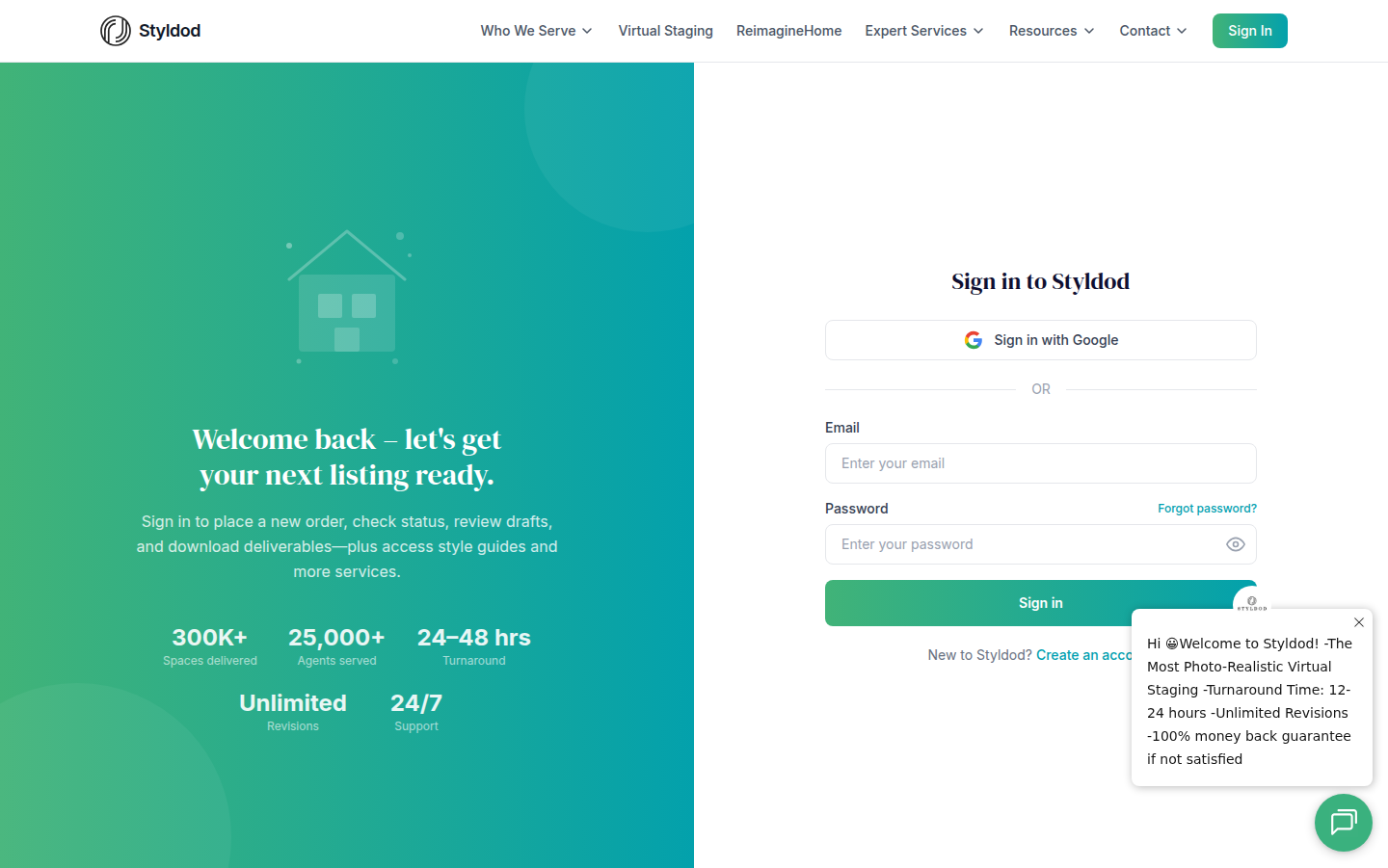 Styldod sign-in screen — email and password, or continue with Google