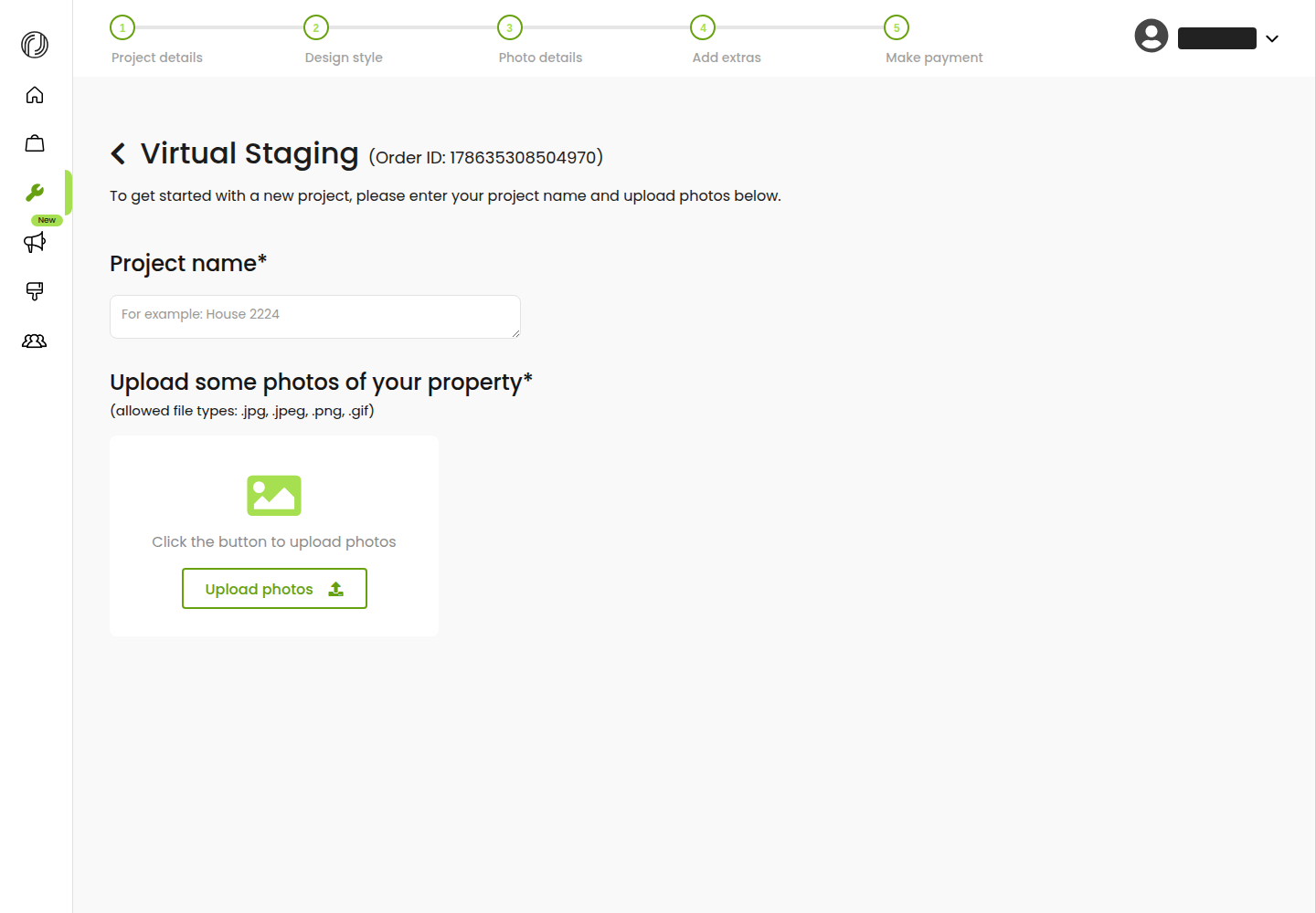 Step 1 of the Styldod order wizard — project details and photo upload