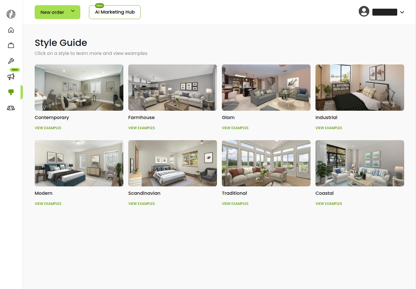 Styldod product screenshot: Styldod Style Guide — the eight staging styles with example rooms