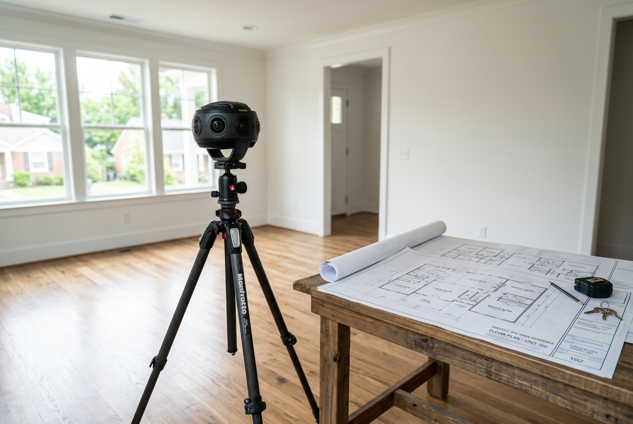360 camera and floor plans illustrating virtual tour real estate capture versus render decision