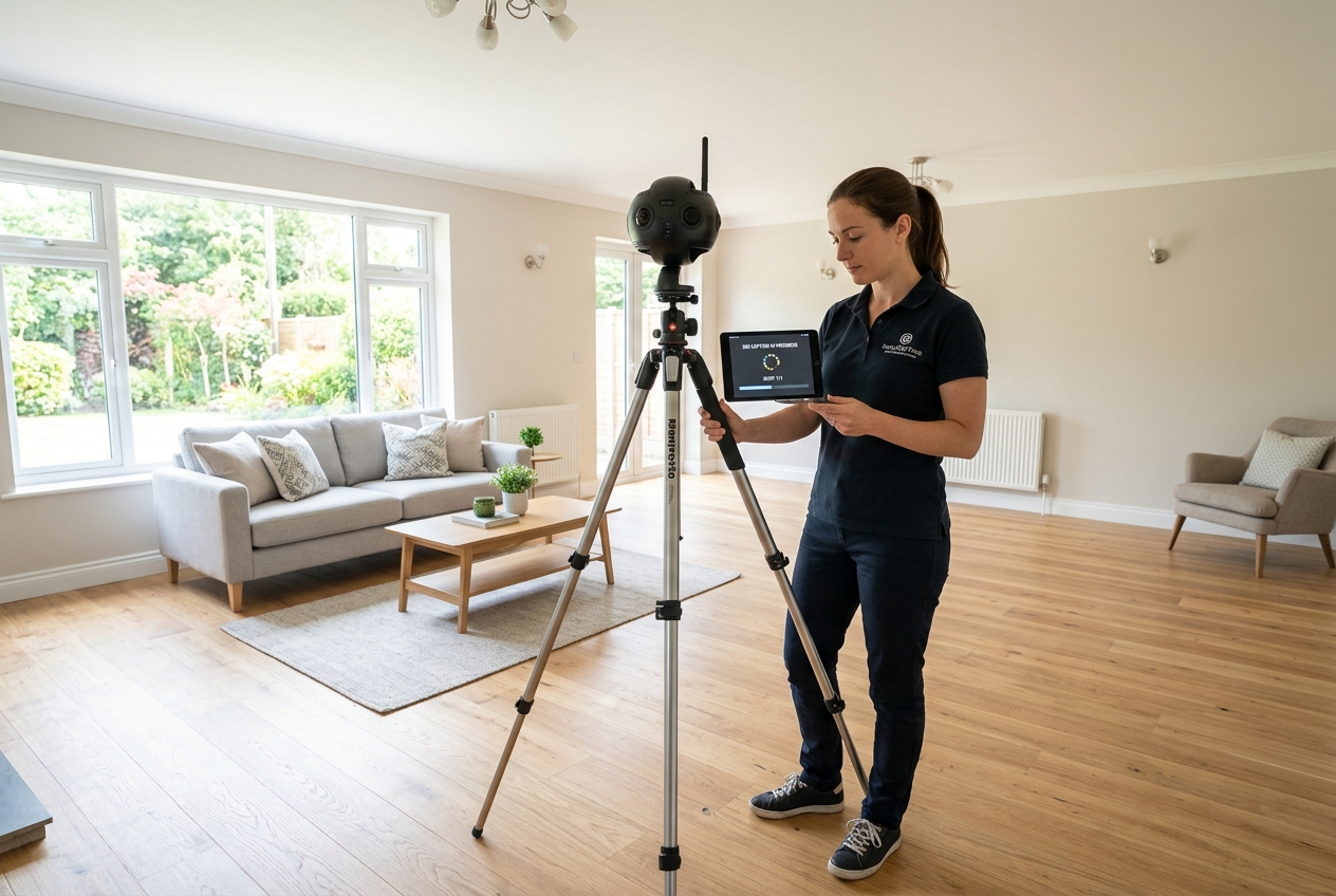 Photographer capturing a virtual tour real estate scan with a 360-degree camera in an empty living room