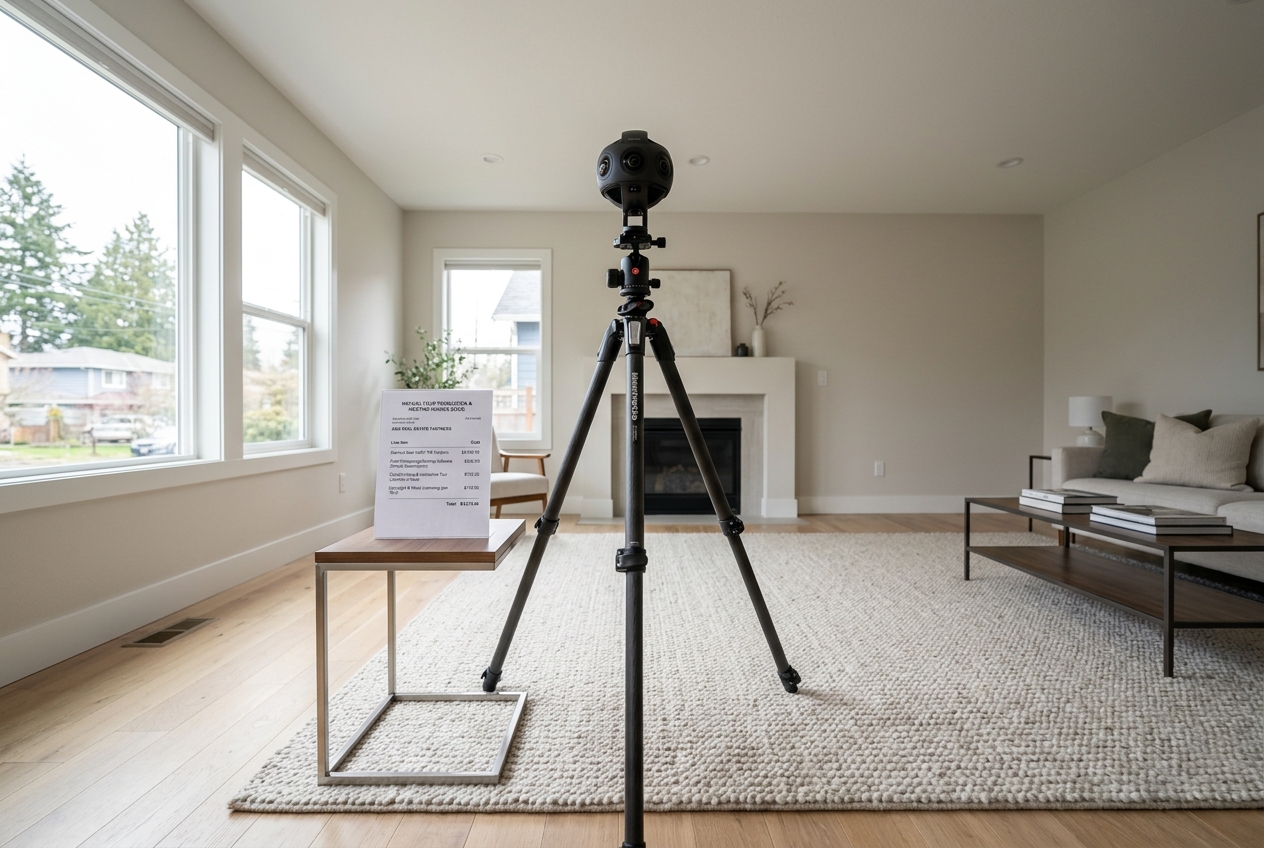 360 camera and itemized cost sheet illustrating true expenses of virtual tour real estate software