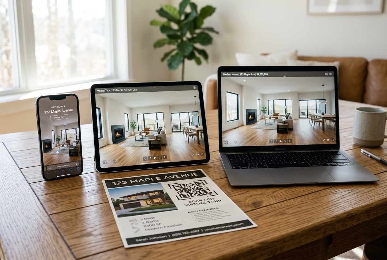 Devices showing virtual tour real estate listing across phone, tablet, and laptop screens
