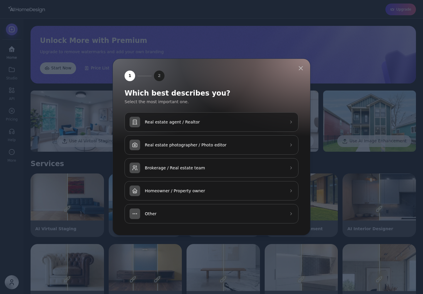 AI HomeDesign product screenshot: Two-step onboarding — "Which best describes you?"