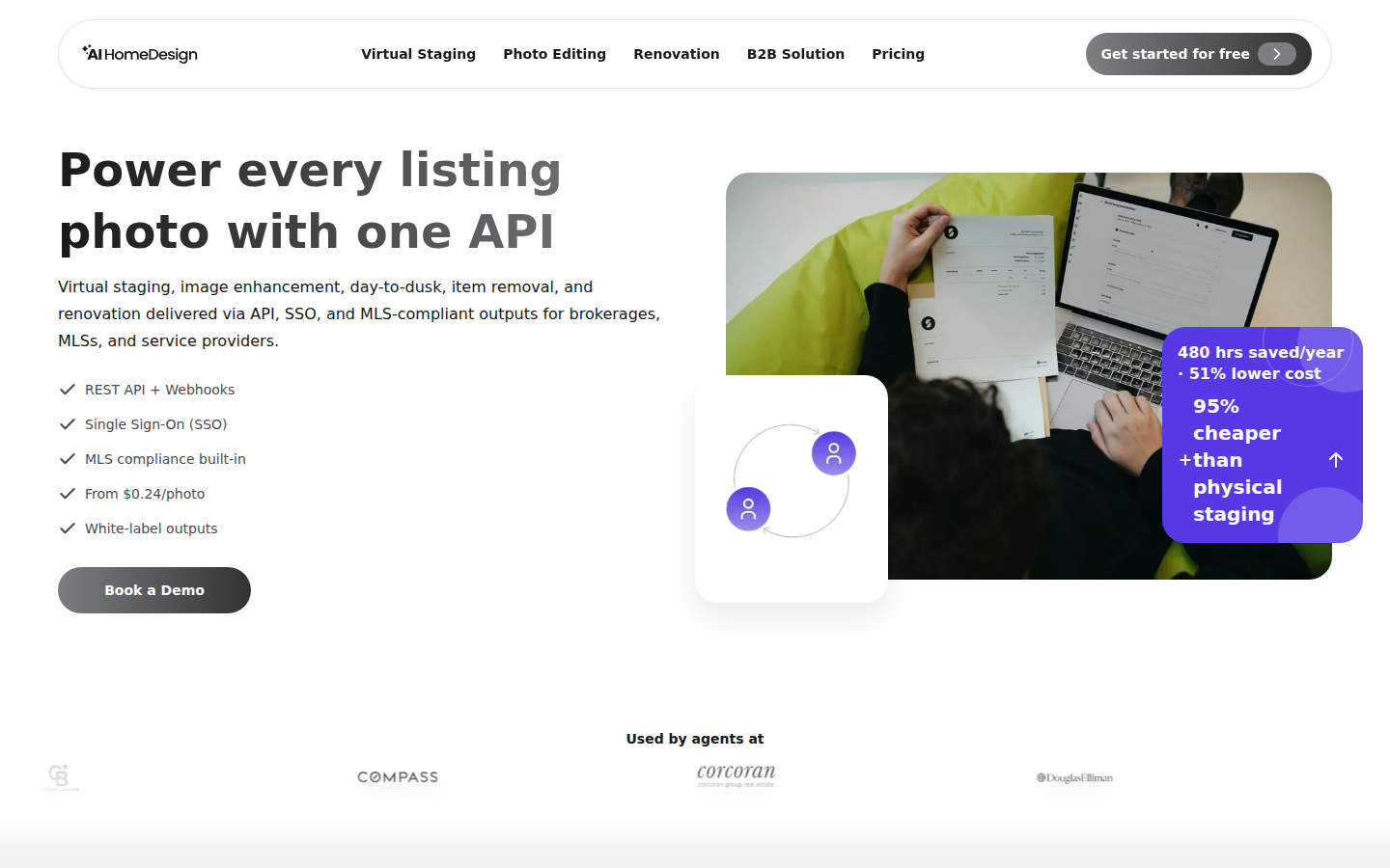 AI HomeDesign product screenshot: AI HomeDesign for real estate teams — power every listing photo with one API