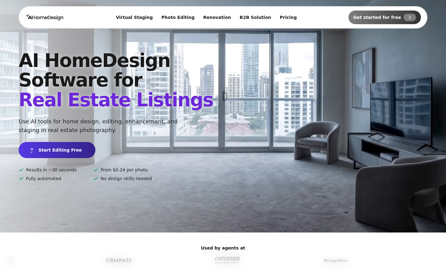 AI HomeDesign product screenshot: The AI HomeDesign public site — the toolbox for property listing photos