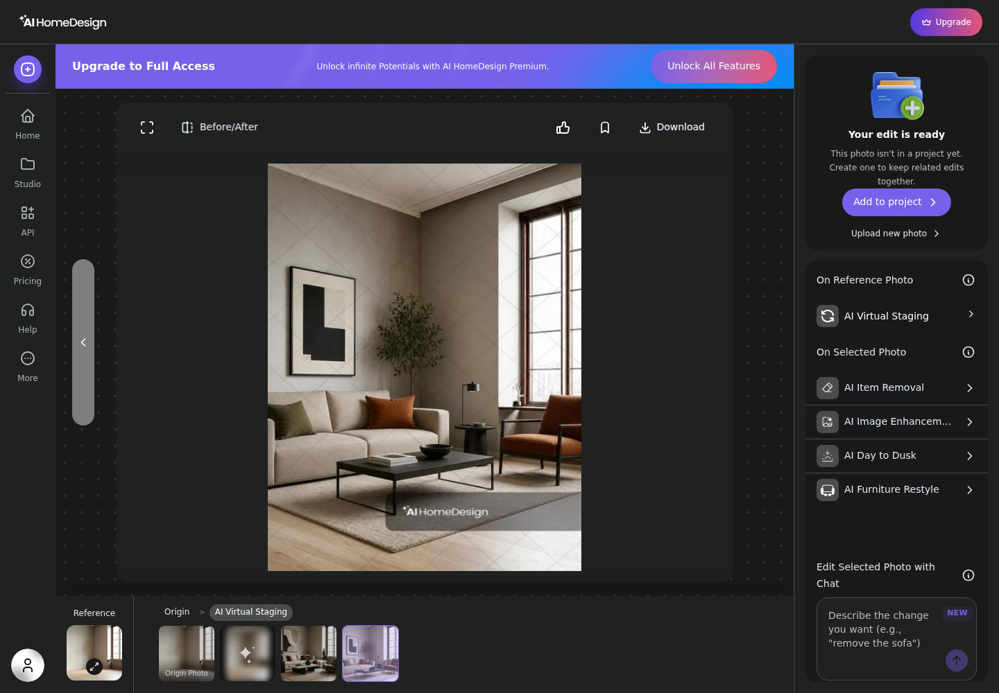 The result screen — four renders, Before/After and the tool-chaining panel