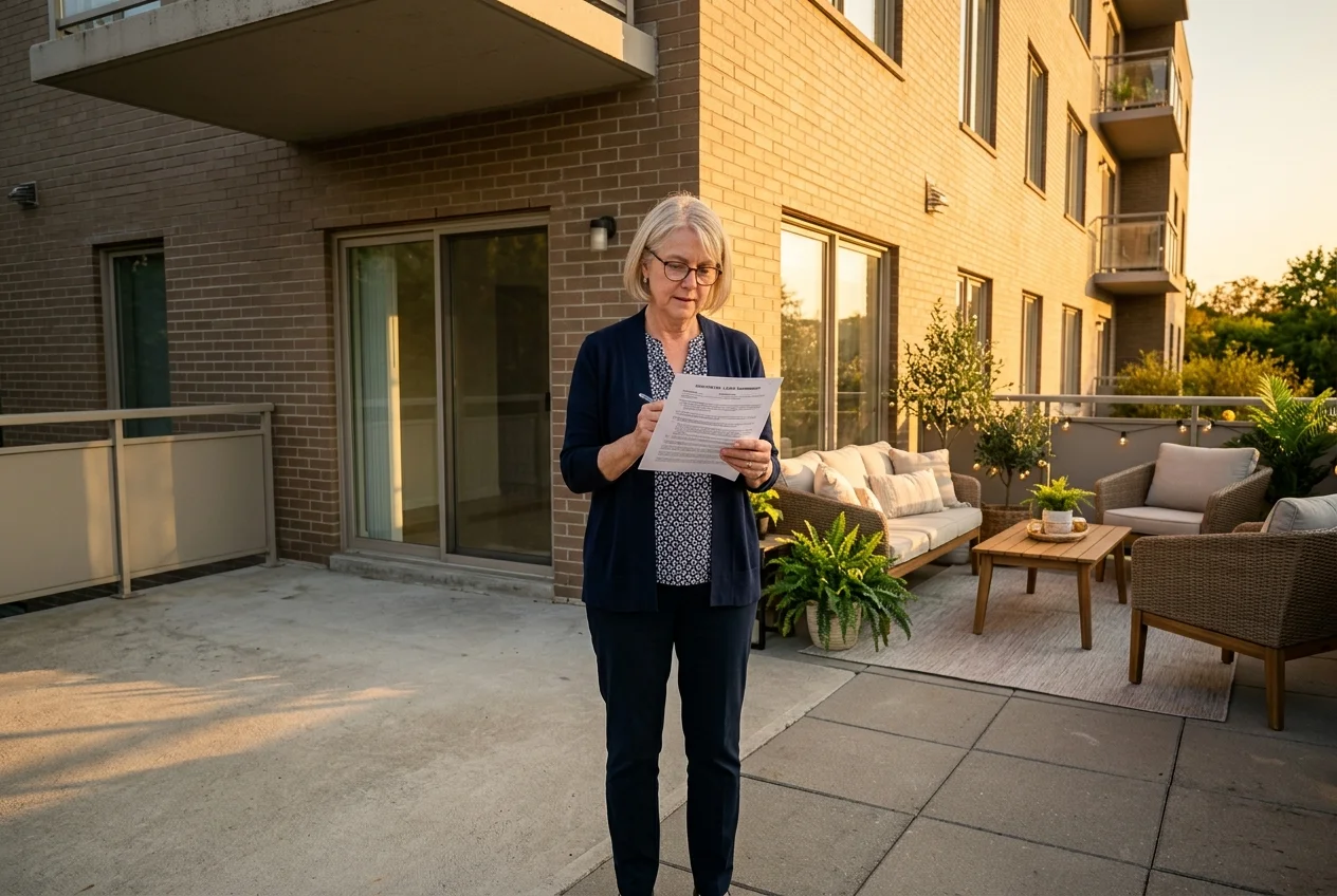 Landlord reviewing an ai lease agreement generator draft beside an empty patio and its staged twin