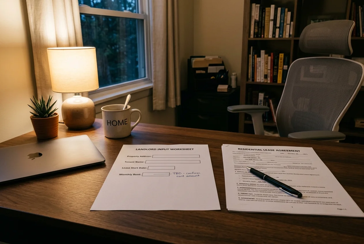 Landlord worksheet with blank fields beside a completed lease from an ai lease agreement generator