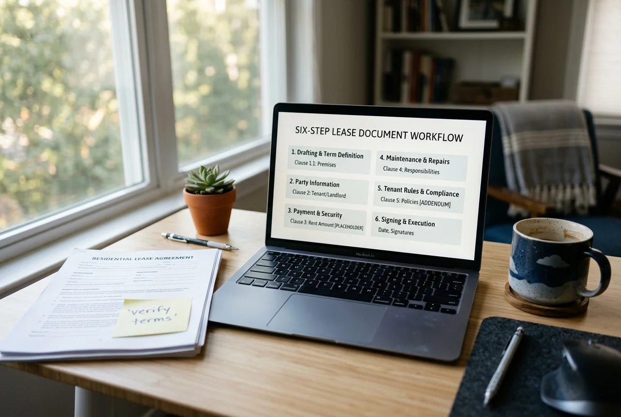 Laptop showing six-step workflow of an ai lease agreement generator for landlords on office desk