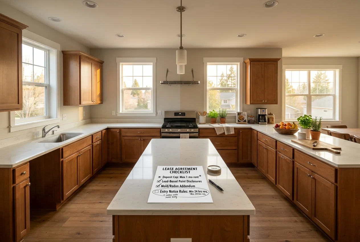 Empty and staged kitchen with lease checklist, illustrating ai lease agreement generator compliance review