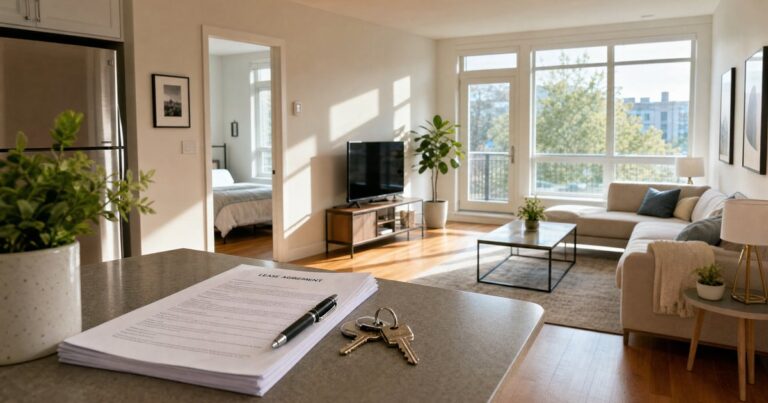 Rental unit ready for signing, showing an ai lease agreement generator document on the counter