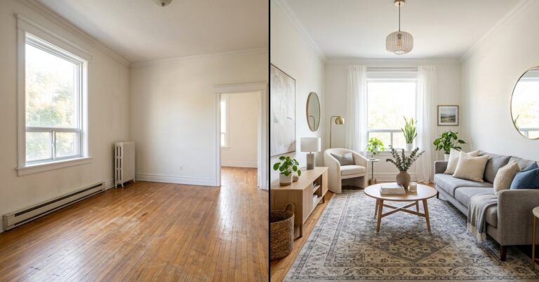 Empty room beside staged version illustrates fast turnover, relevant to ai lease agreement generator workflow