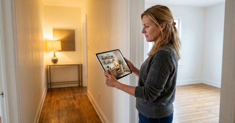 Woman viewing a staged home office on tablet, comparing apply design ai results to the empty room