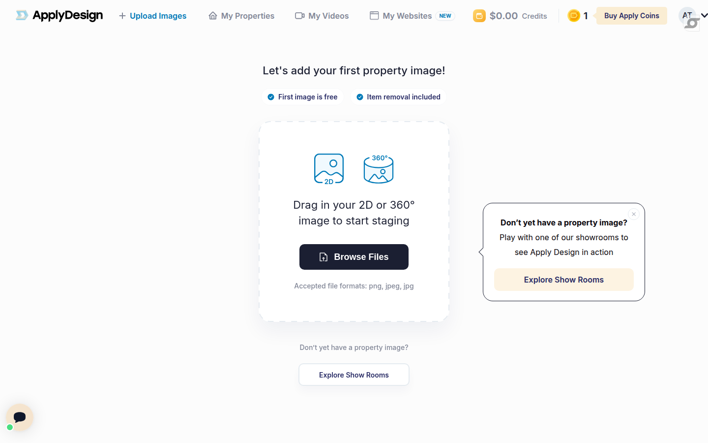 The upload screen — drag in a 2D or 360° image, first image free, item removal included