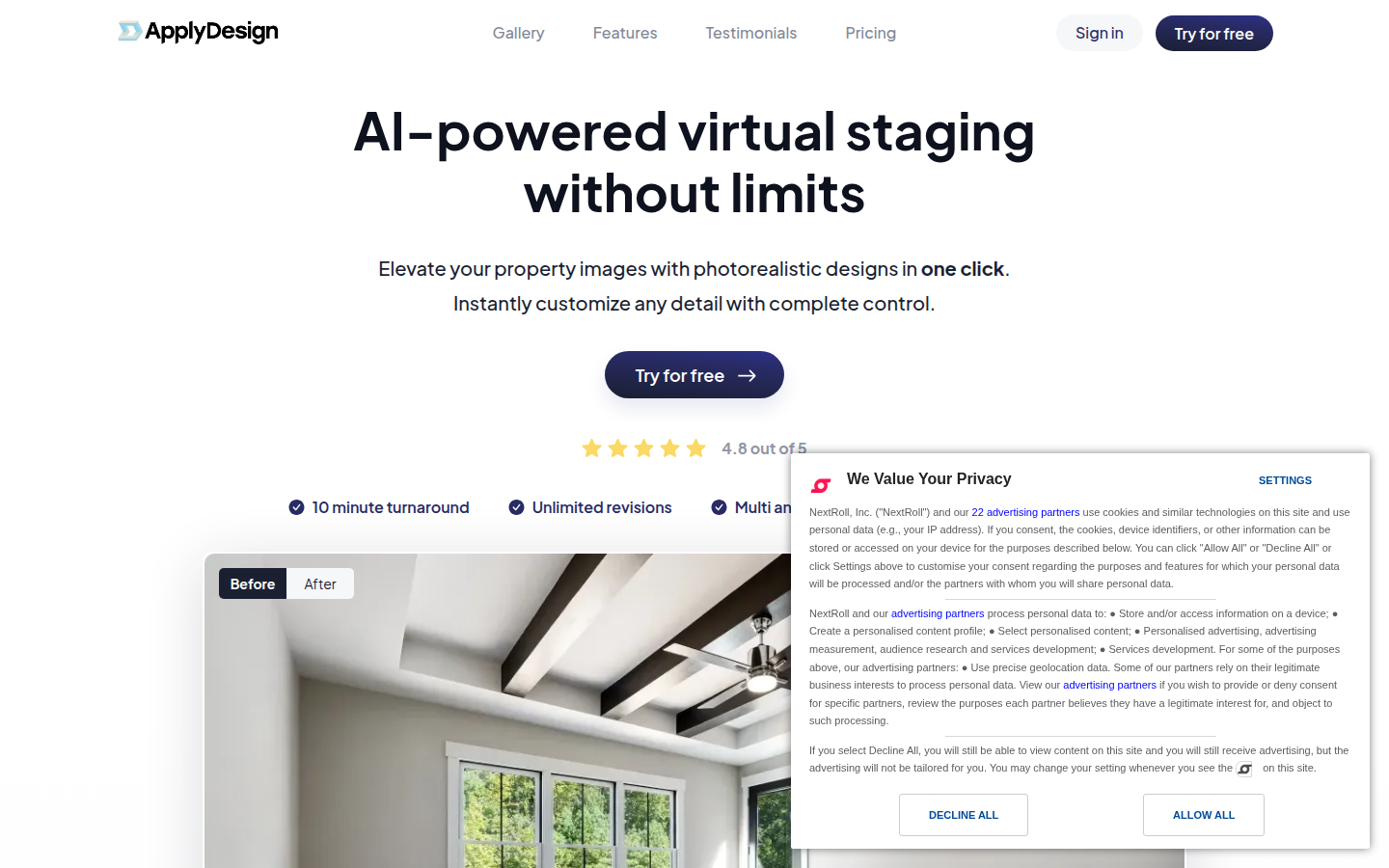 Apply Design product screenshot: The Apply Design public site — AI-powered virtual staging without limits