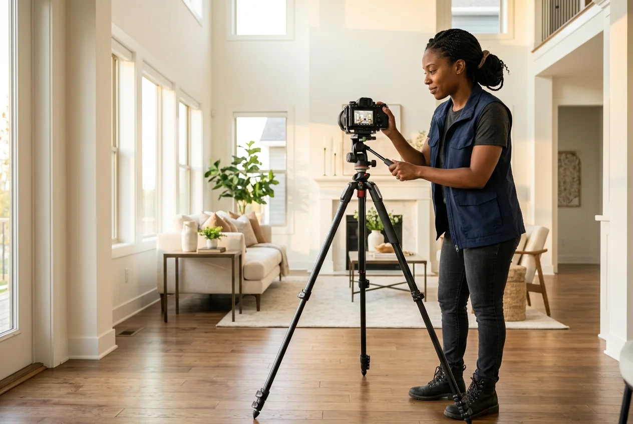 Photographer uses best tripod for real estate photography to capture a level living room shot