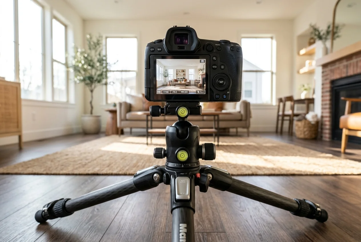 Camera screen showing a level listing photo, illustrating best tripod for real estate photography