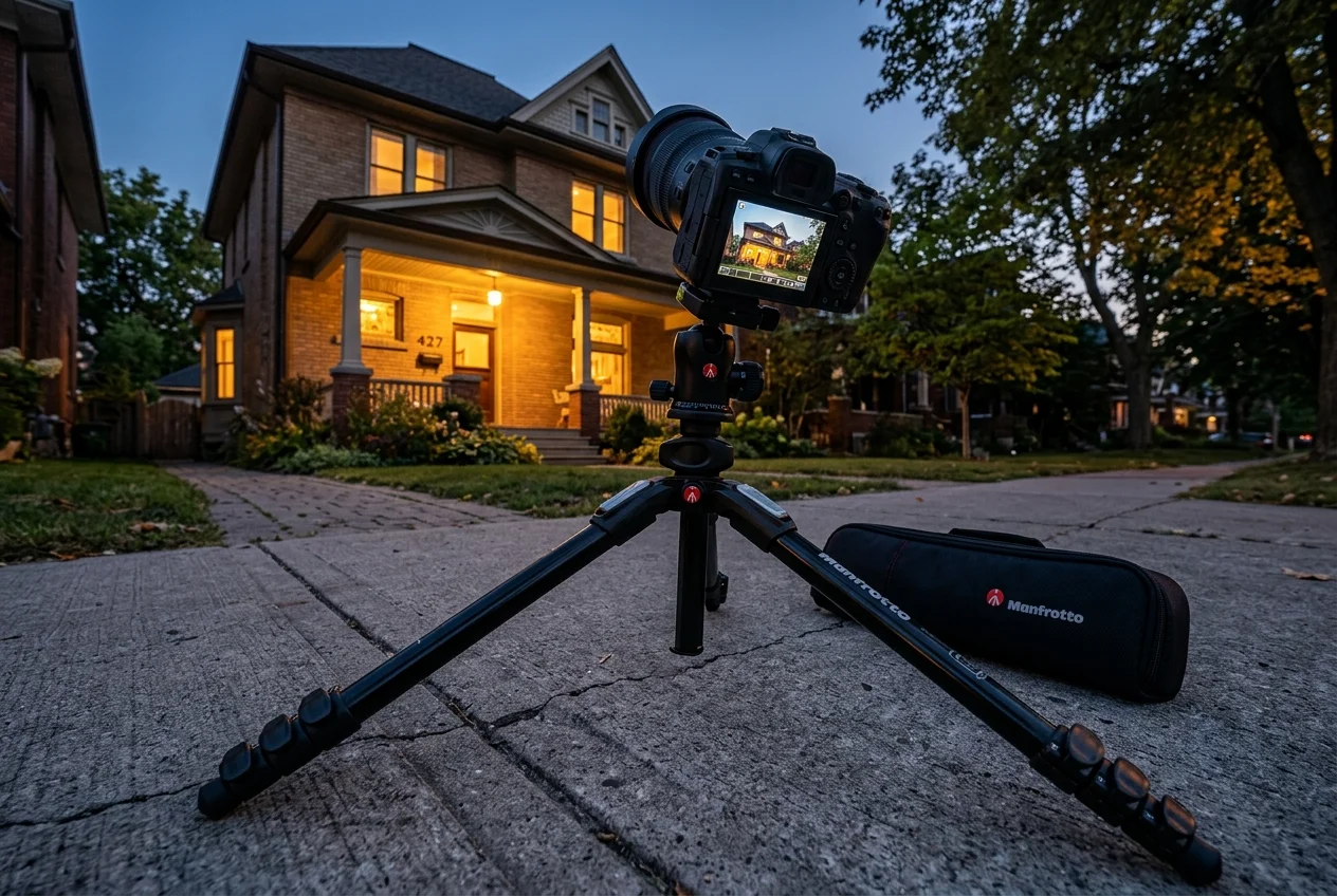 Manfrotto tripod set up outdoors, a strong pick for best tripod for real estate photography