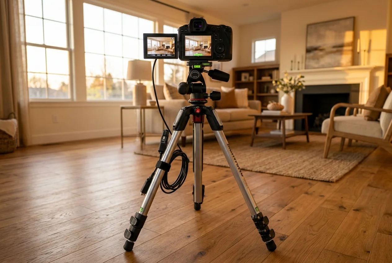 Tripod-mounted camera showing a level shot, illustrating the best tripod for real estate photography