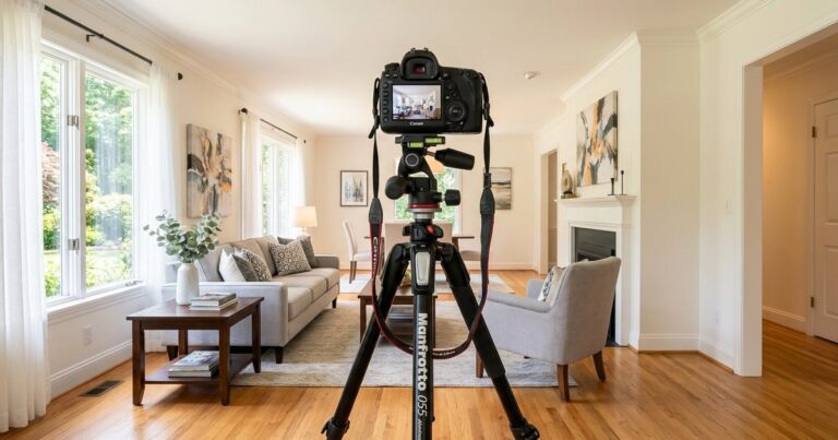 Tripod set up in a staged living room, an example of the best tripod for real estate photography