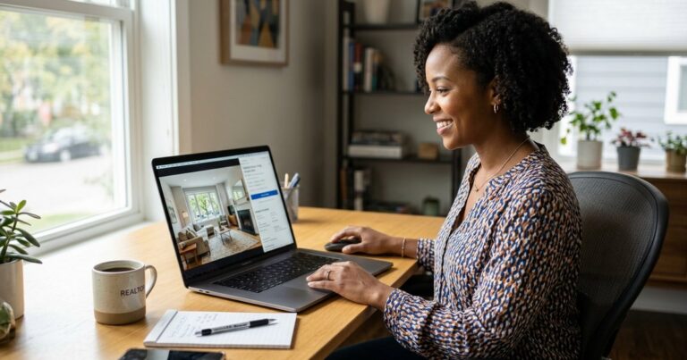 Agent reviews a corrected listing photo on laptop, illustrating cedreo vs ai homedesign use cases