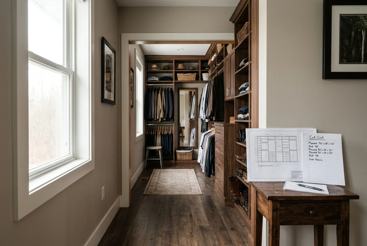 Walk-in closet viewed down a hallway, illustrating what closet design software plans and organizes