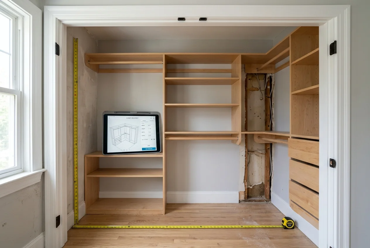 Tape measure and tablet with closet design software measuring a walk-in closet from the doorway