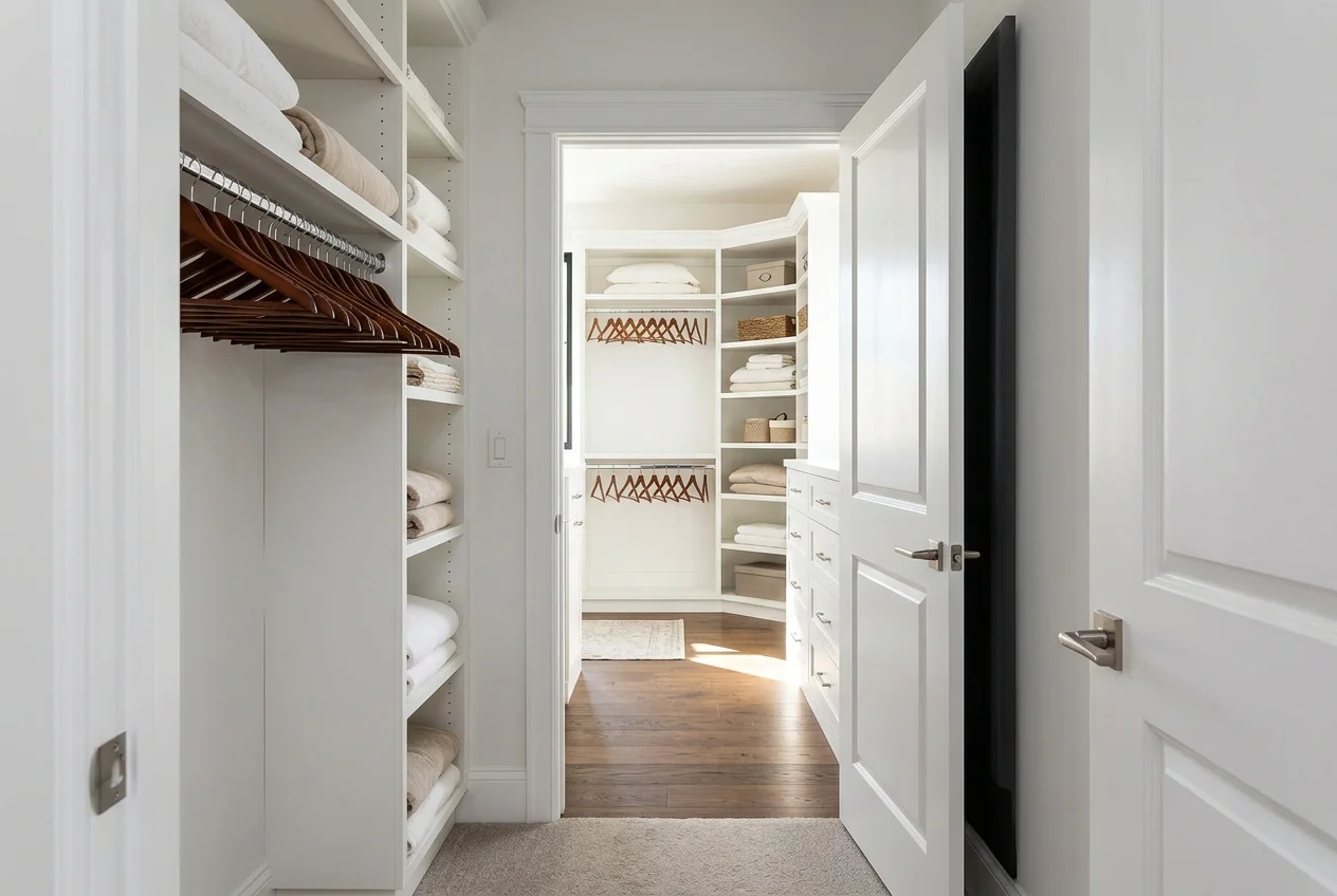 Walk-in closet layout showing hanging zones and drawer clearance, closet design software planning