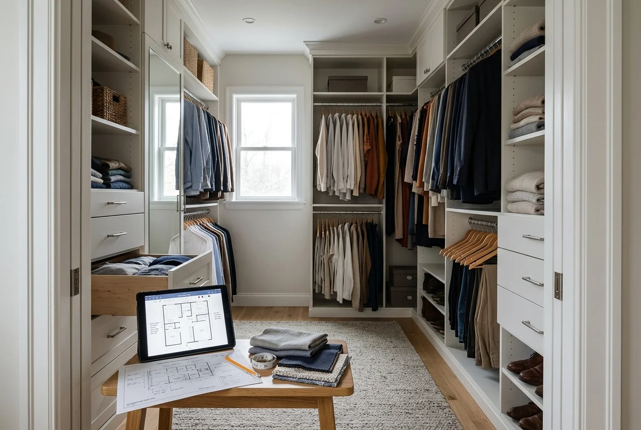 Walk-in closet viewed from doorway showing layout plan from closet design software project