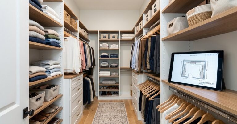 Walk-in closet with tablet showing closet design software floor plan and measurements