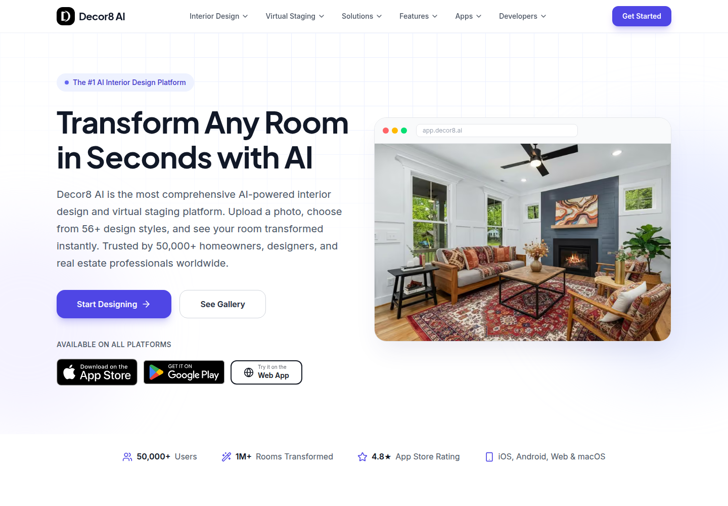 The Decor8 AI platform homepage — transform any room in seconds, 56+ styles