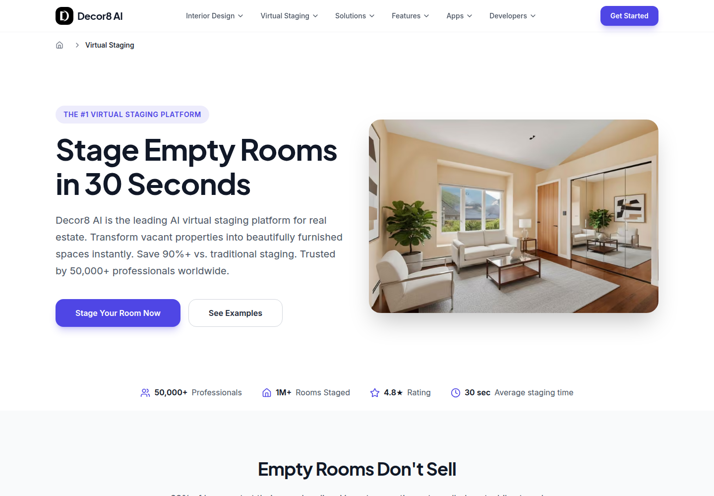 Decor8 AI product screenshot: Virtual staging — stage empty rooms in 30 seconds, 90%+ cheaper than traditional